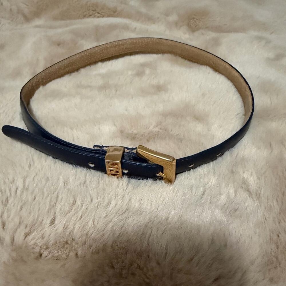 VTG Jones New York Navy Blue Leather Belt Art deco Gold Buckle S/M